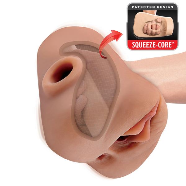 PDX Plus Double Pounder Vibrating Squeeze Stroker with Remote - Brown