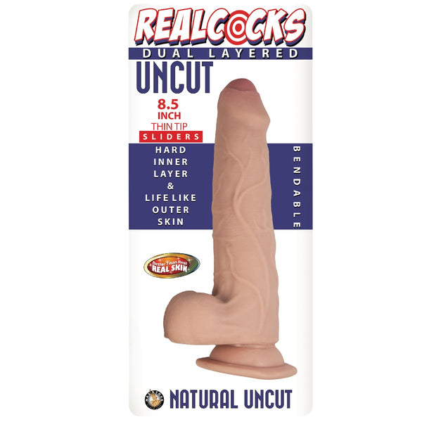 RealCocks Dual Layered Uncut 8.5" Thin Tip Sliders Movable Lifelike Skin Dildo with Balls