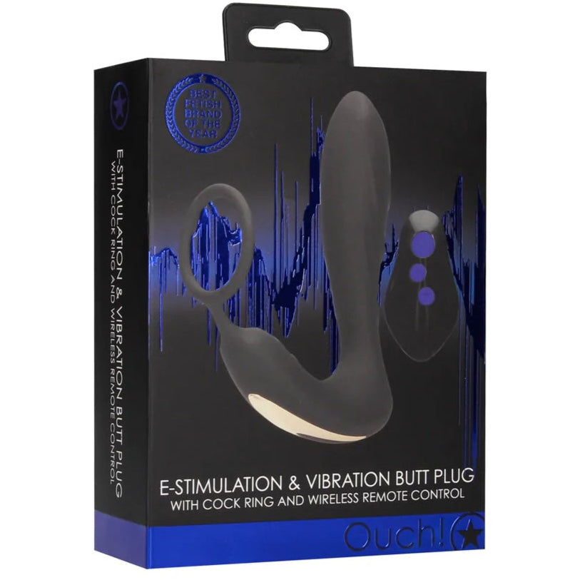 Ouch! Remote Controlled E-Stim & Vibrating Butt Plug with Cock Ring
