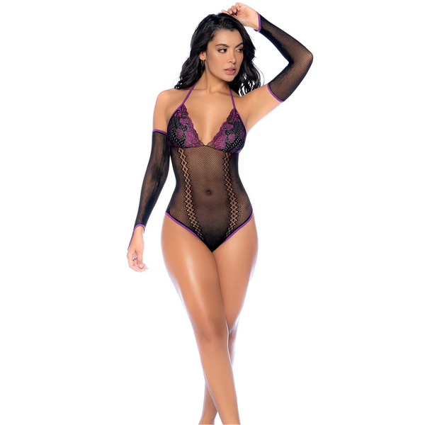 Whispered Lace Fishnet Bodysuit with Matching Gloves