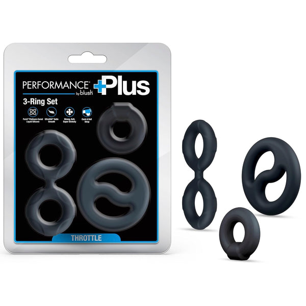Performance Plus Throttle Platinum-Cured Silicone 3 Piece Cock Ring & Ball Stretcher Set
