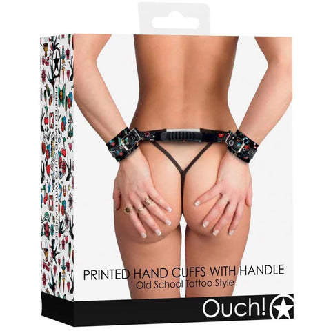 Ouch! Printed Handcuffs with Handle - Old School Tattoo Style