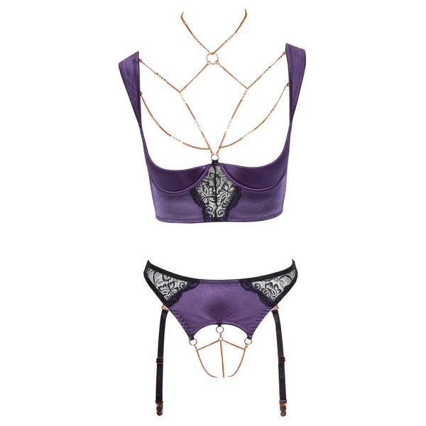 Abierta Fina Purple Shelf Bra Set With Chain Suspender Lingerie Set (4 Sizes Available) - Extreme Toyz Singapore - https://extremetoyz.com.sg - Sex Toys and Lingerie Online Store