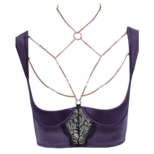 Abierta Fina Purple Shelf Bra Set With Chain Suspender Lingerie Set (4 Sizes Available) - Extreme Toyz Singapore - https://extremetoyz.com.sg - Sex Toys and Lingerie Online Store