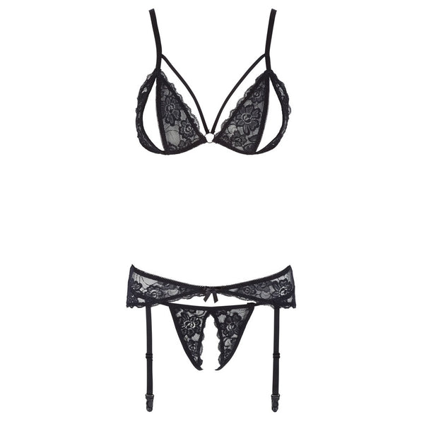 Cottelli Collection Open Lace Bra And Crotchless String Suspender Set (4 Sizes Available) - Extreme Toyz Singapore - https://extremetoyz.com.sg - Sex Toys and Lingerie Online Store