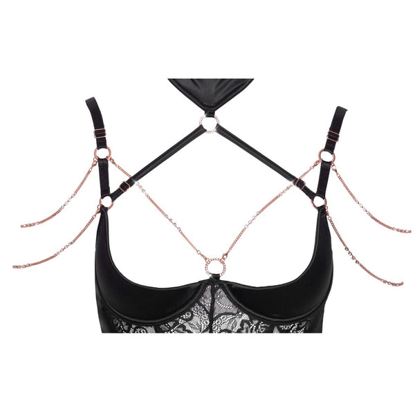 Abierta Fina Open Basque With Chains And String Suspender Lingerie Set (4 Sizes Available) - Extreme Toyz Singapore - https://extremetoyz.com.sg - Sex Toys and Lingerie Online Store