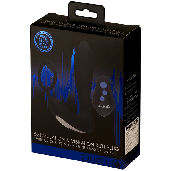 Ouch! Remote Controlled E-Stim & Vibrating Butt Plug with Cock Ring