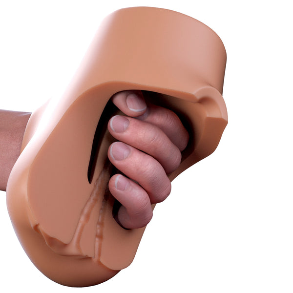 PDX Plus Double Pounder Vibrating Squeeze Stroker with Remote - Brown