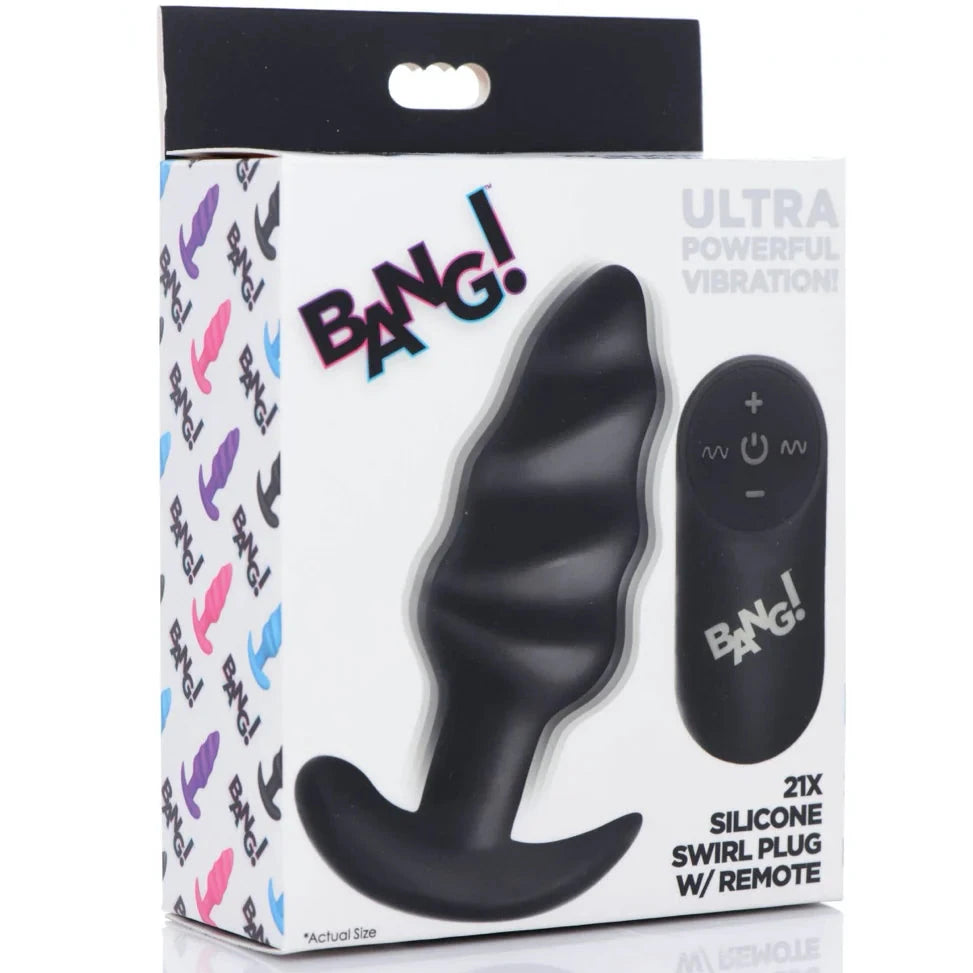 Remote Control 21X Vibrating Silicone Swirl Butt Plug - Black