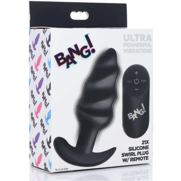 Remote Control 21X Vibrating Silicone Swirl Butt Plug - Black