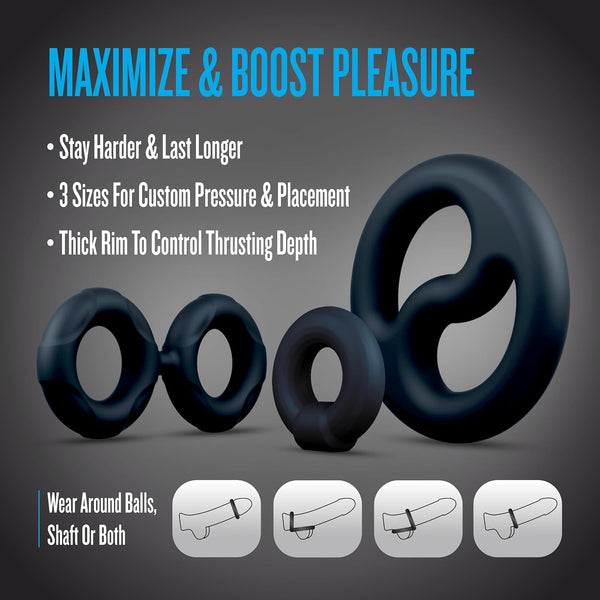 Performance Plus Throttle Platinum-Cured Silicone 3 Piece Cock Ring & Ball Stretcher Set