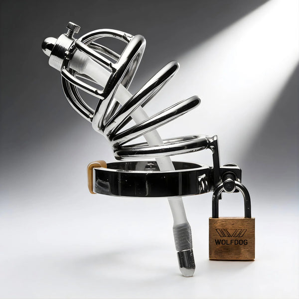 Stainless Steel Chastity Cage with Silicone Urethral Plug