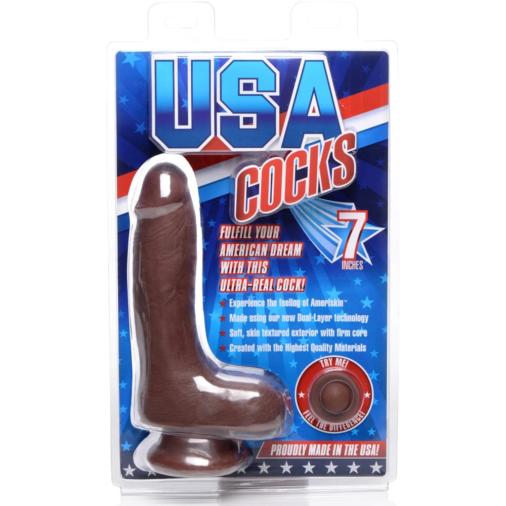 7" Ultra Real Dual Layer Suction Cup Dildo with Balls - Dark Skin Tone