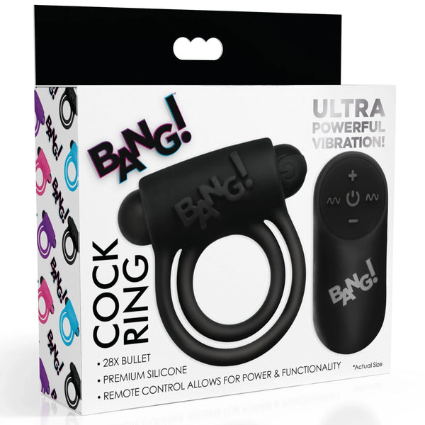 Remote Control 28X Vibrating Cock Ring and Bullet - Black