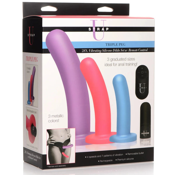 Triple Peg 28X Vibrating Silicone Dildo Set with Remote Control