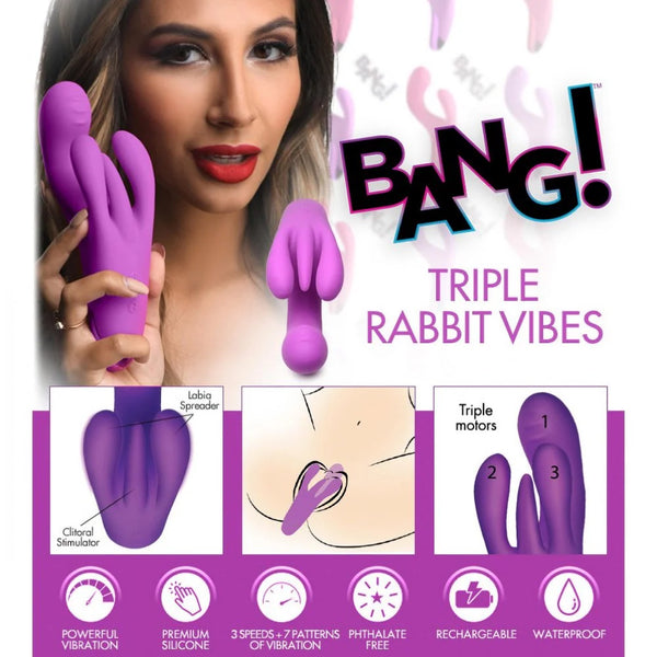 10X Triple Rabbit Waterproof Silicone Vibrator - Purple