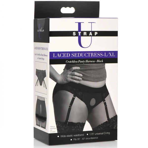 Laced Seductress Crotchless Panty Harness with Garter Straps