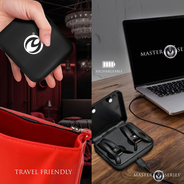 Master Series Dark Grip Wireless Vibrating Nipple Clamps with Charging Case - Extreme Toyz Singapore - https://extremetoyz.com.sg - Sex Toys and Lingerie Online Store - Bondage Gear / Vibrators / Electrosex Toys / Wireless Remote Control Vibes / Sexy Lingerie and Role Play / BDSM / Dungeon Furnitures / Dildos and Strap Ons &nbsp;/ Anal and Prostate Massagers / Anal Douche and Cleaning Aide / Delay Sprays and Gels / Lubricants and more...