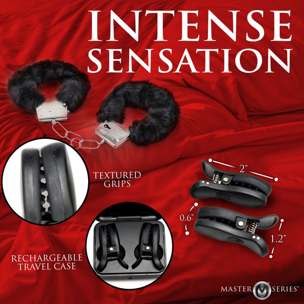 Master Series Dark Grip Wireless Vibrating Nipple Clamps with Charging Case - Extreme Toyz Singapore - https://extremetoyz.com.sg - Sex Toys and Lingerie Online Store - Bondage Gear / Vibrators / Electrosex Toys / Wireless Remote Control Vibes / Sexy Lingerie and Role Play / BDSM / Dungeon Furnitures / Dildos and Strap Ons &nbsp;/ Anal and Prostate Massagers / Anal Douche and Cleaning Aide / Delay Sprays and Gels / Lubricants and more...