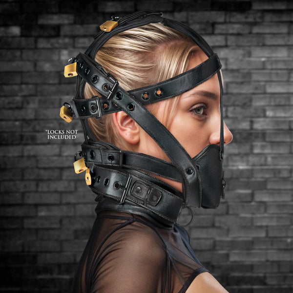 Lockable Head Harness With Muzzle - Vegan Leather