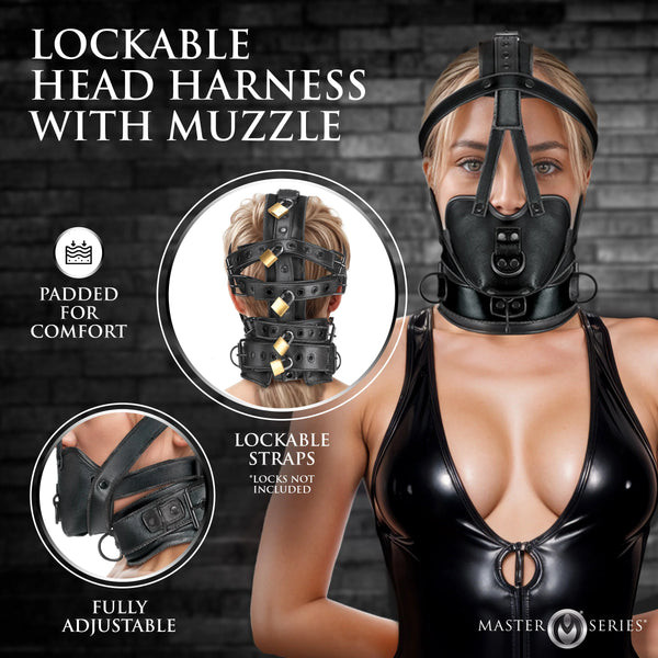 Lockable Head Harness With Muzzle - Vegan Leather