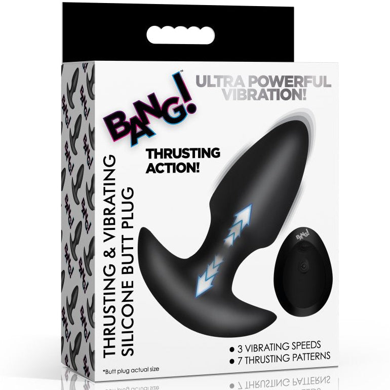 Thrusting & Vibrating Remote Controlled Silicone Rechargeable Butt Plug - Black
