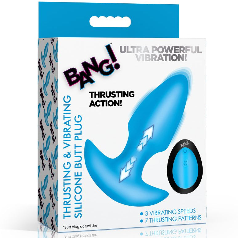 Thrusting & Vibrating Remote Controlled Silicone Rechargeable Butt Plug - Blue
