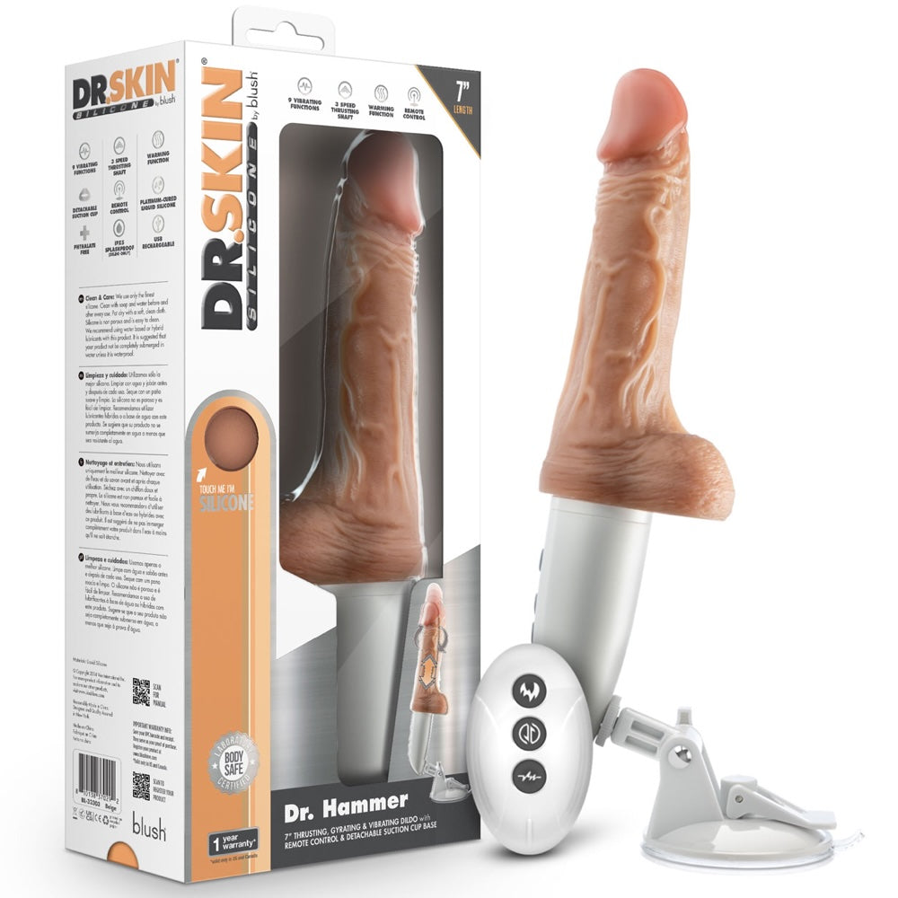 Dr. Skin Silicone Dr. Hammer 7" Rechargeable Remote Control Vibrating & Thrusting Dildo with Handle & Suction Cup