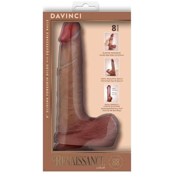 Renaissance DaVinci 8" Dual Density Liquid Silicone Realistic Dildo With Sliding Foreskin & Squeezable Balls - Tan