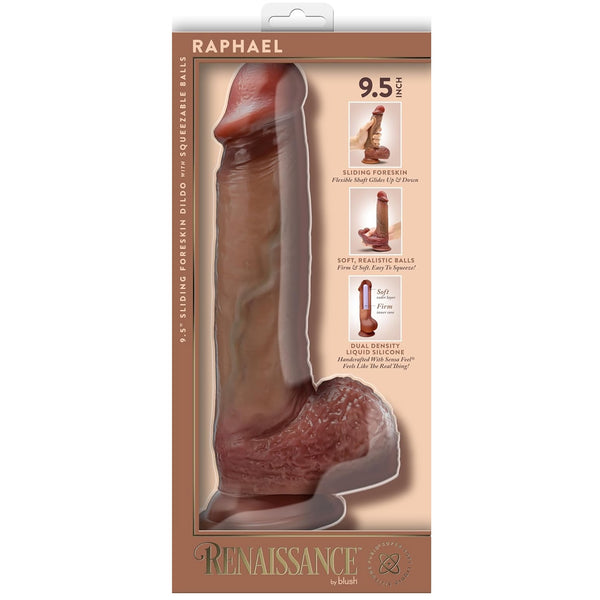 Renaissance  Raphael 9.5" Dual Density Liquid Silicone Realistic Dildo With Sliding Foreskin & Squeezable Balls - Tan