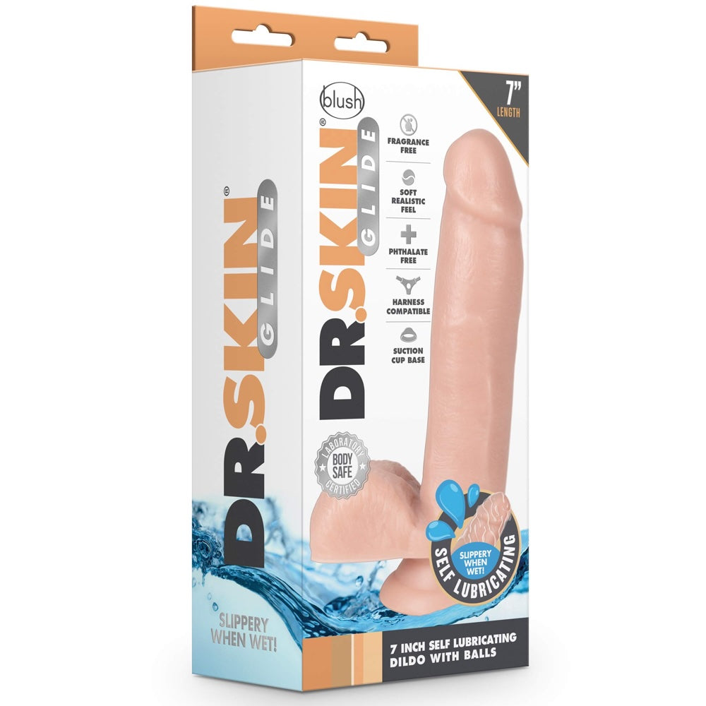 Dr. Skin Glide 7" Self-Lubricating Dildo with Balls - Vanilla