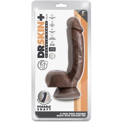 Dr. Skin Plus 8" Poseable Dildo with Squeezable Balls - Chocolate