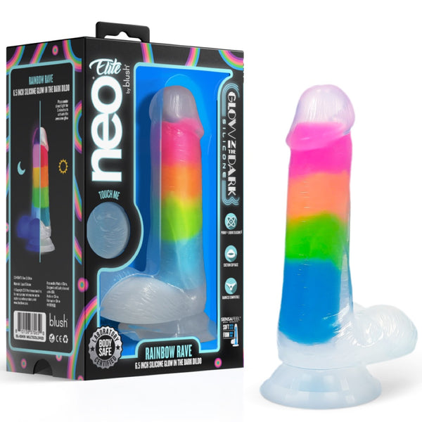 Neo Elite 6.5" Rainbow Rave Glow-in-the-Dark Silicone Dual Density Dildo