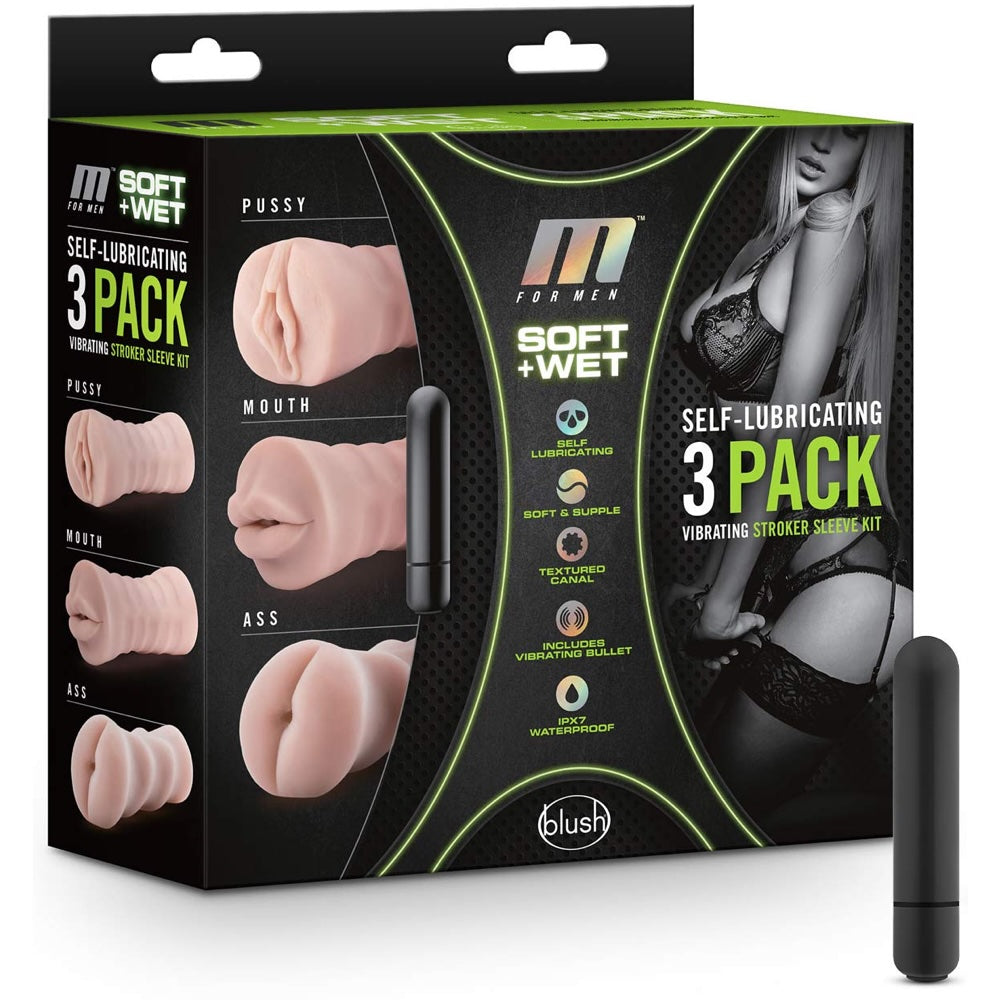 M for Men 3-Pack Self-Lubricating Vibrating Masturbator