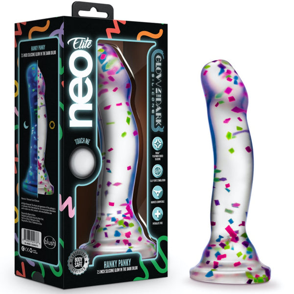 Blush Novelties Neo Elite 7.5" Glow in the Dark Hanky-Panky Silicone Dildo - Confetti - Extreme Toyz Singapore - https://extremetoyz.com.sg - Sex Toys and Lingerie Online Store - Bondage Gear / Vibrators / Electrosex Toys / Wireless Remote Control Vibes / Sexy Lingerie and Role Play / BDSM / Dungeon Furnitures / Dildos and Strap Ons &nbsp;/ Anal and Prostate Massagers / Anal Douche and Cleaning Aide / Delay Sprays and Gels / Lubricants and more...