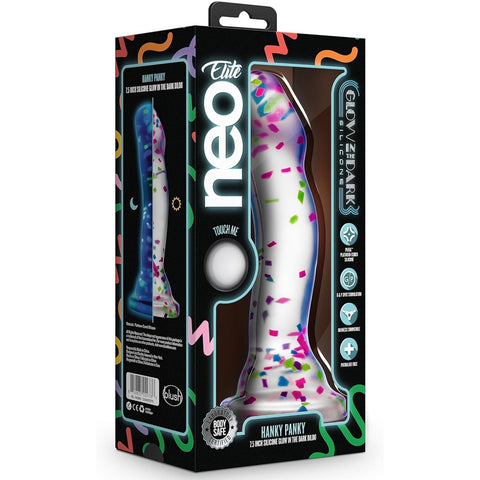 Neo Elite 7.5" Glow in the Dark Hanky-Panky Silicone Dildo - Confetti