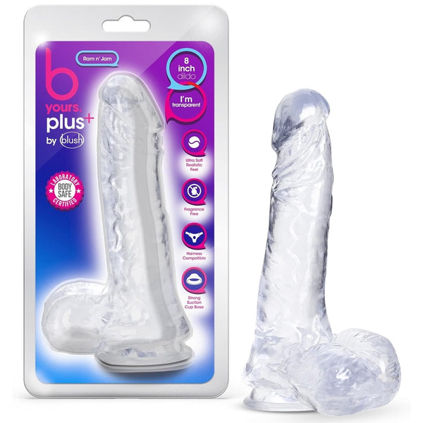 B Yours Plus 8" Ram N’ Jam Dildo with Balls - Clear