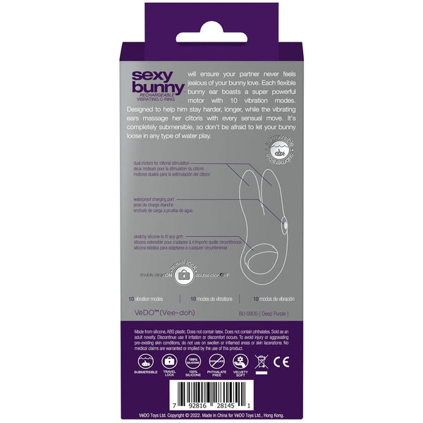 Sexy Bunny Rechargeable Vibrating C-Ring - Purple