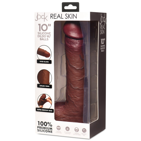 Jock Real Skin Dark Silicone Dildo with Balls - 10"