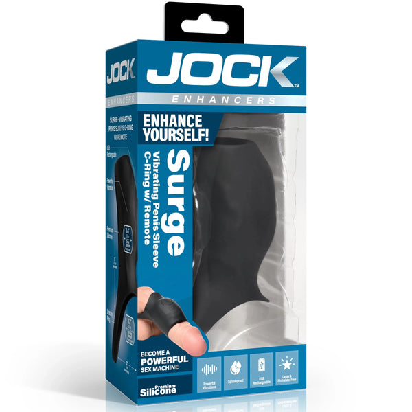 Jock Enhancers Surge Rechargeable Vibrating Penis Sleeve C-Ring with Remote