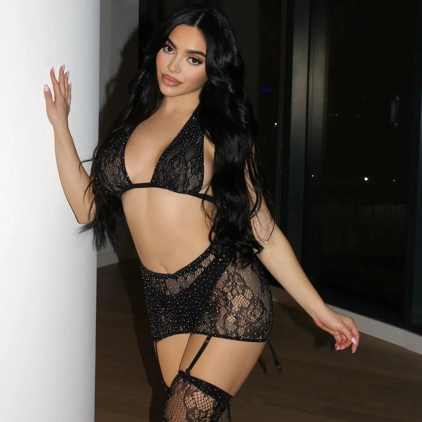 Wild Nights Bra and Skirt Set with Stockings  - Black