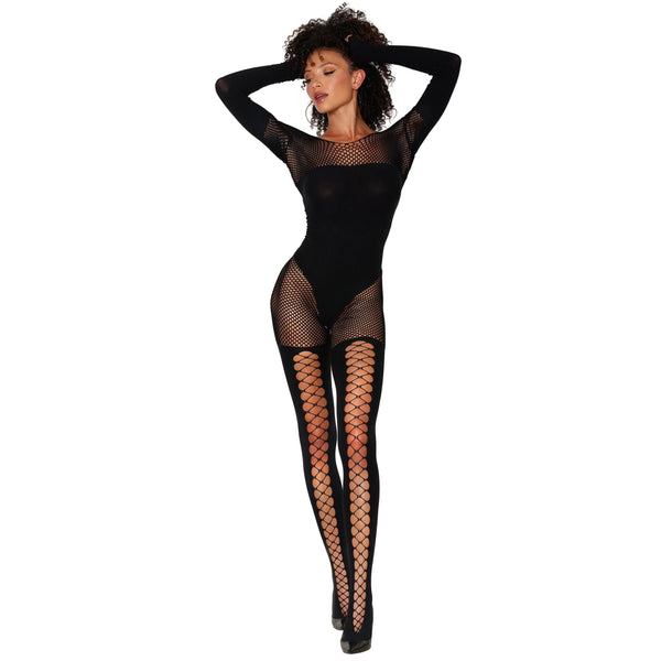 Seamless Opaque and Fishnet Bodystocking with Knitted Teddy Design and Faux Lace-Up Stocking