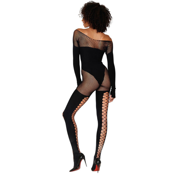 Seamless Opaque and Fishnet Bodystocking with Knitted Teddy Design and Faux Lace-Up Stocking