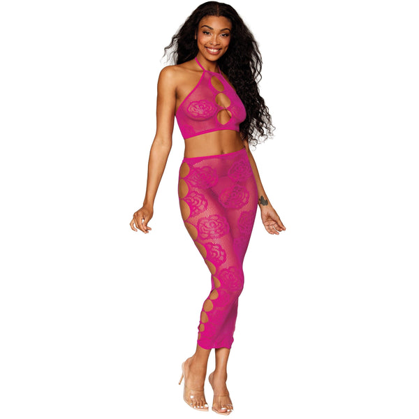 Seamless Bralette and Long Skirt Set with Knitted Large Rose and Fishnet Pattern