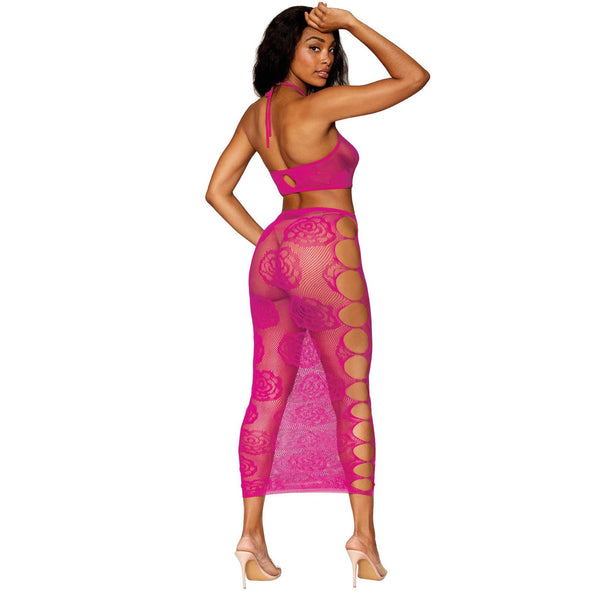 Seamless Bralette and Long Skirt Set with Knitted Large Rose and Fishnet Pattern