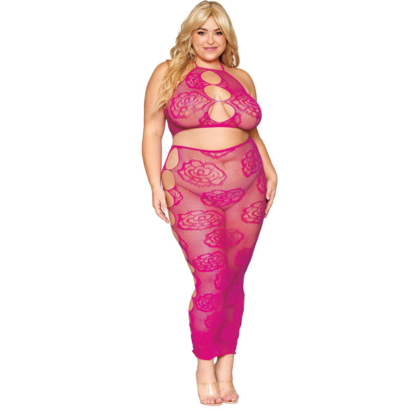 Plus Size Seamless Bralette and Long Skirt Set with Knitted Large Rose and Fishnet Pattern
