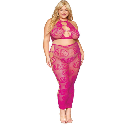 Plus Size Seamless Bralette and Long Skirt Set with Knitted Large Rose and Fishnet Pattern