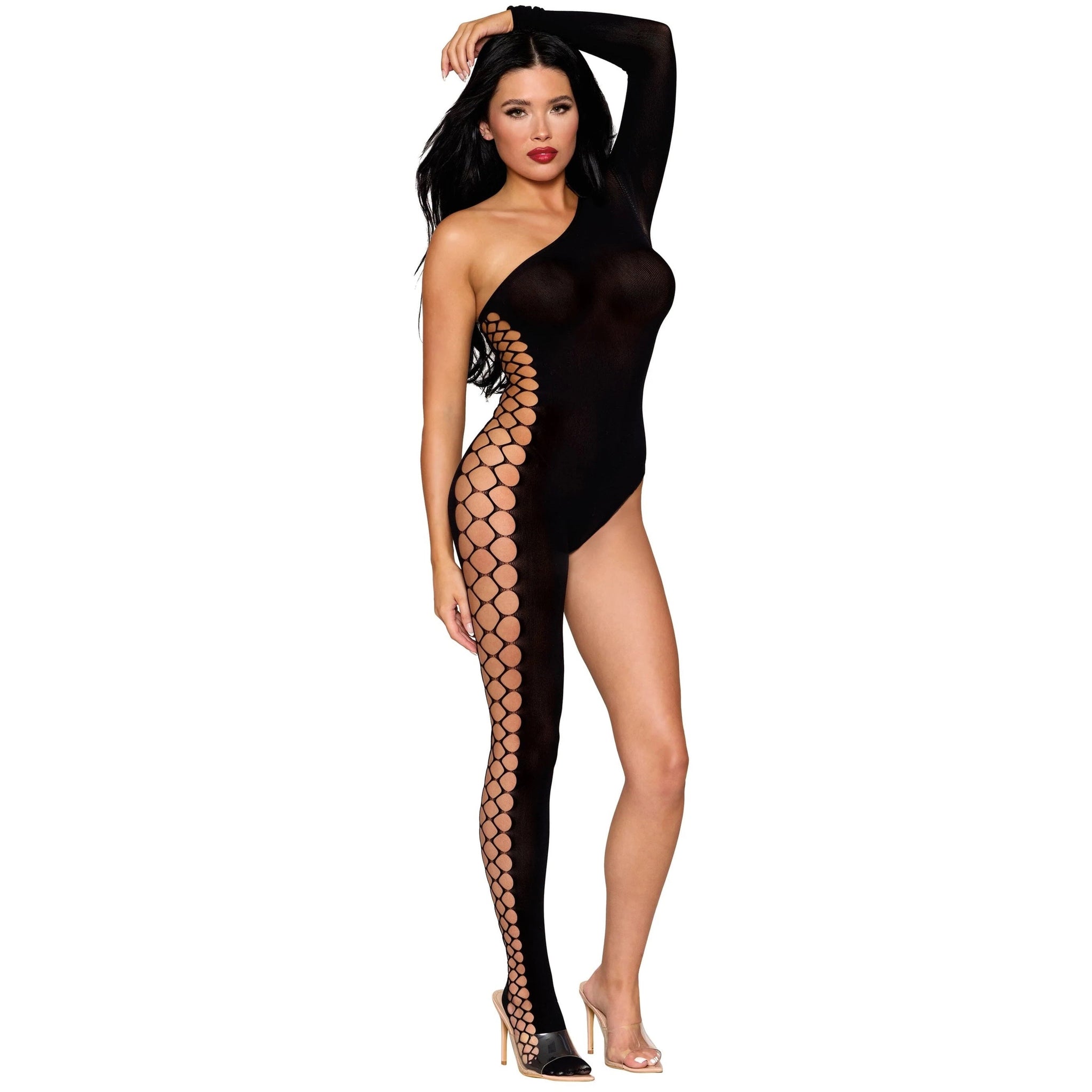 Asymmetrical Seamless Bodystocking with Fence Net Side Detail