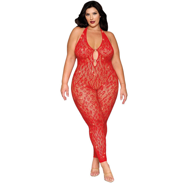 Plus Size Poinsetta Rhinestone Bodystocking