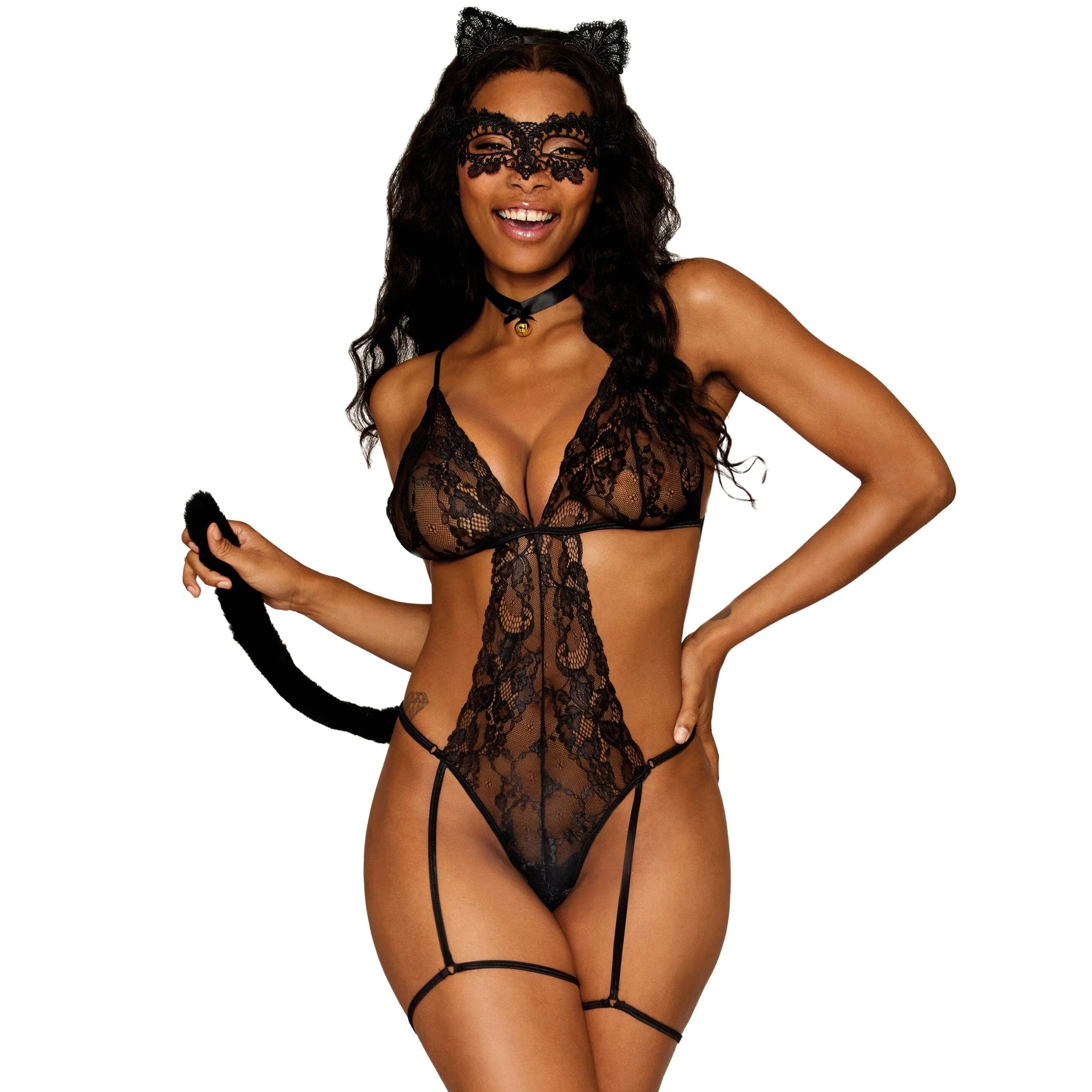 Cat-Themed Lace Garter Teddy Bedroom Costume Set